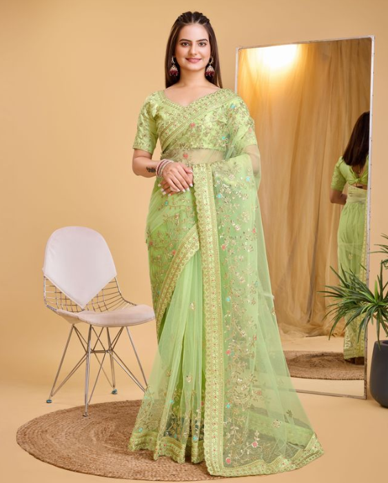 Pista Green Soft Net Party Wear Saree | Designer Embroidered Fresh Sophistication