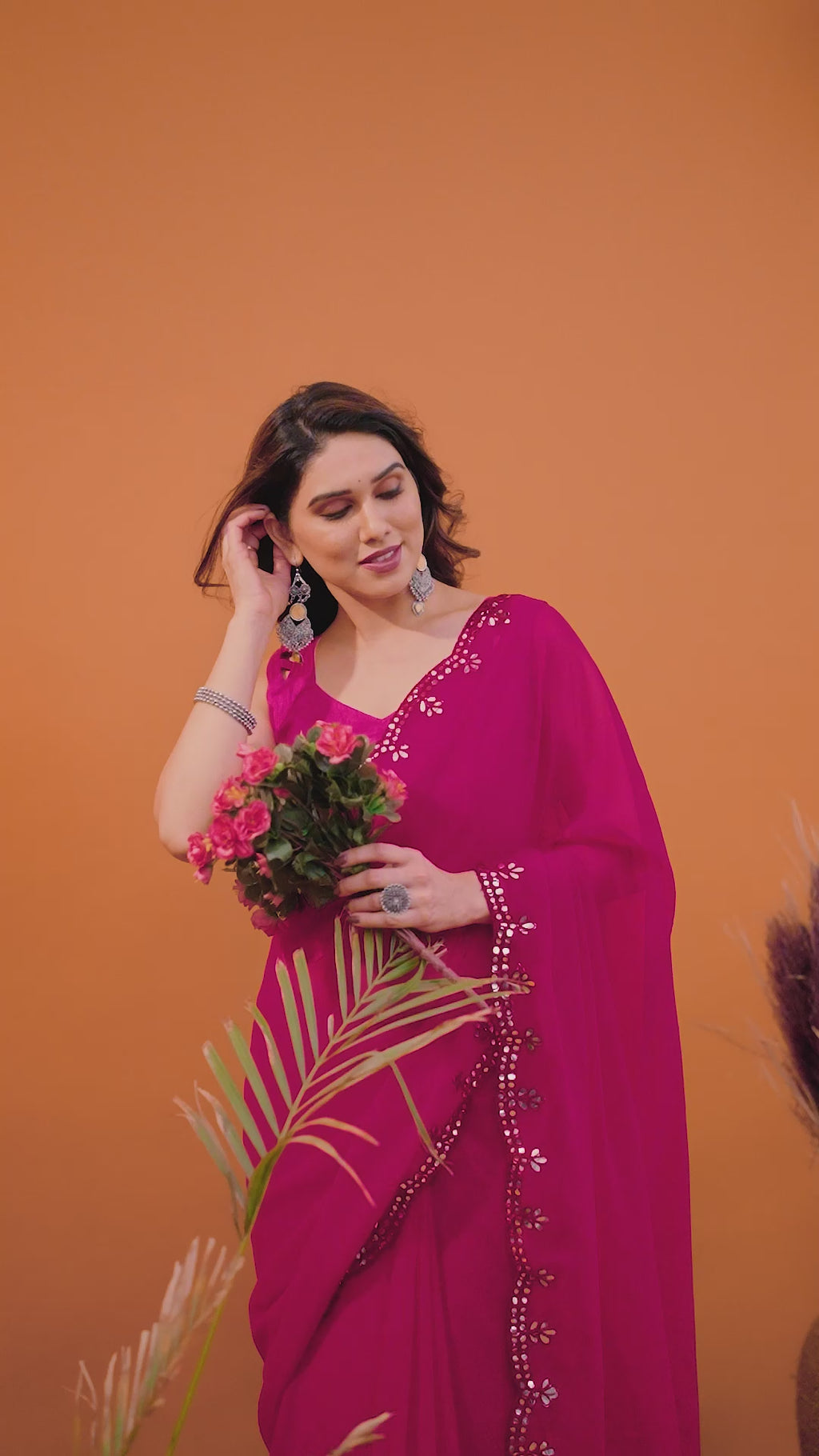 Vibrant Pink Georgette Saree | Mirror Work Glamour with Banglori Blouse