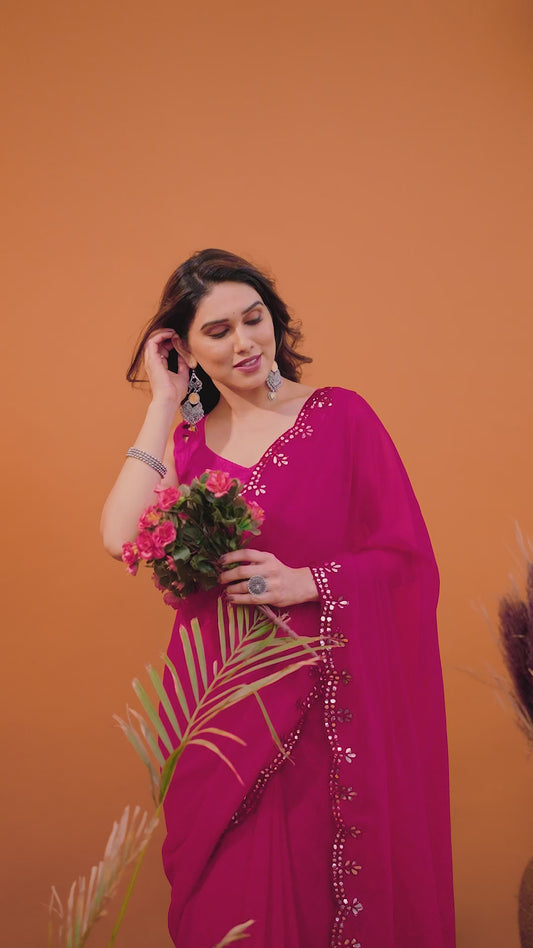 Vibrant Pink Georgette Saree | Mirror Work Glamour with Banglori Blouse