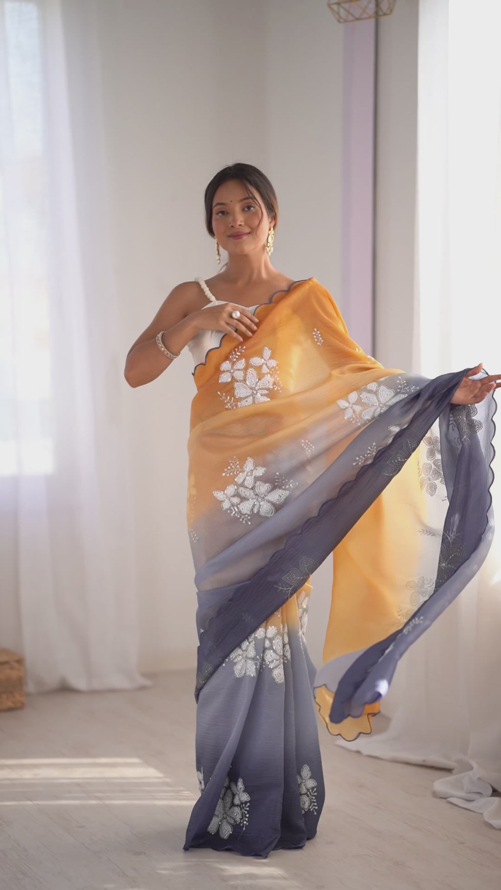 Orange-Grey Dual Tone Party Wear Saree | Crunchy Crush with Satin Silk Blouse & Embroidery Work