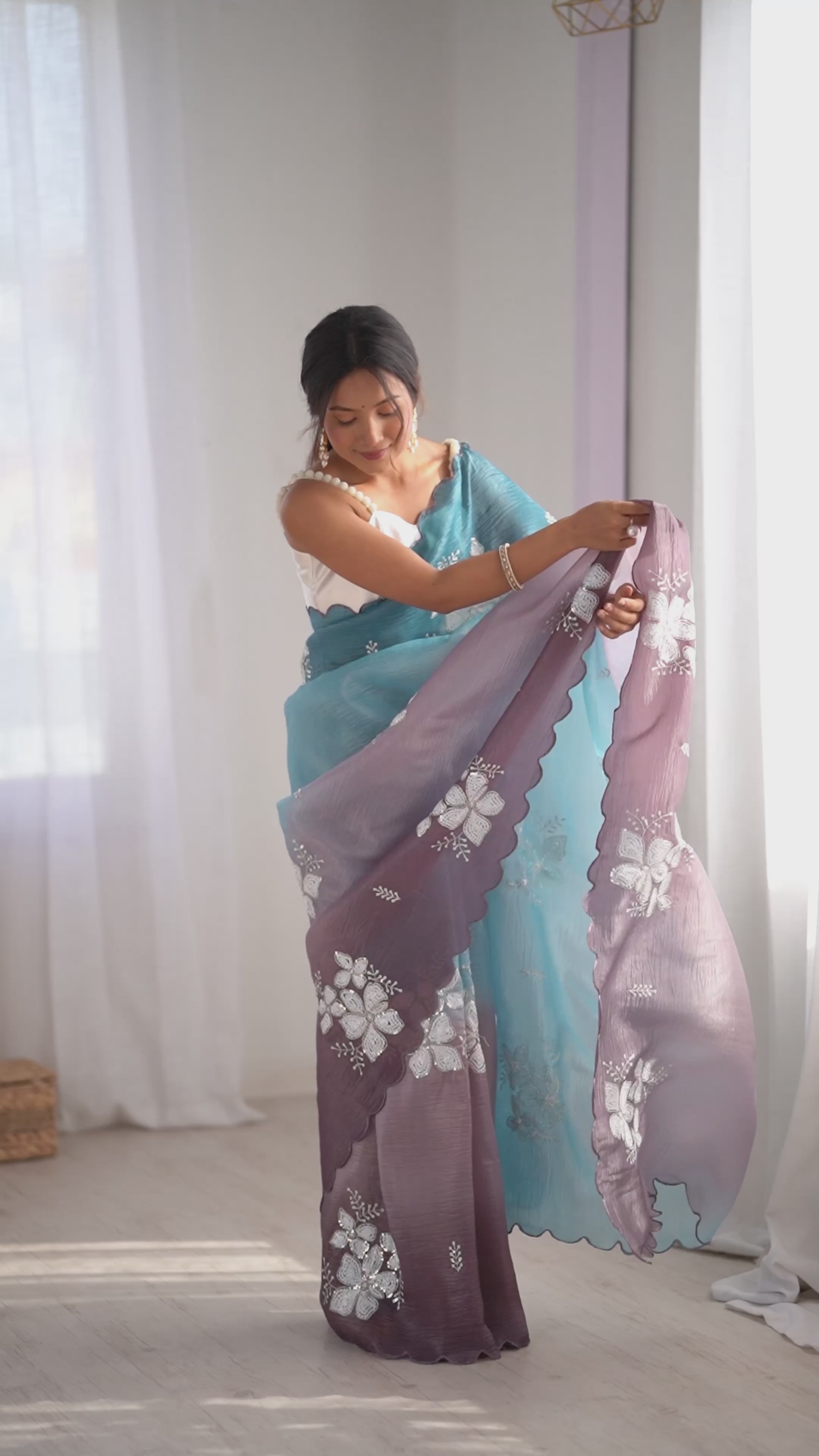 Sky Blue-Grey Dual Tone Party Wear Saree | Crunchy Crush with Satin Silk Blouse & Embroidery Work