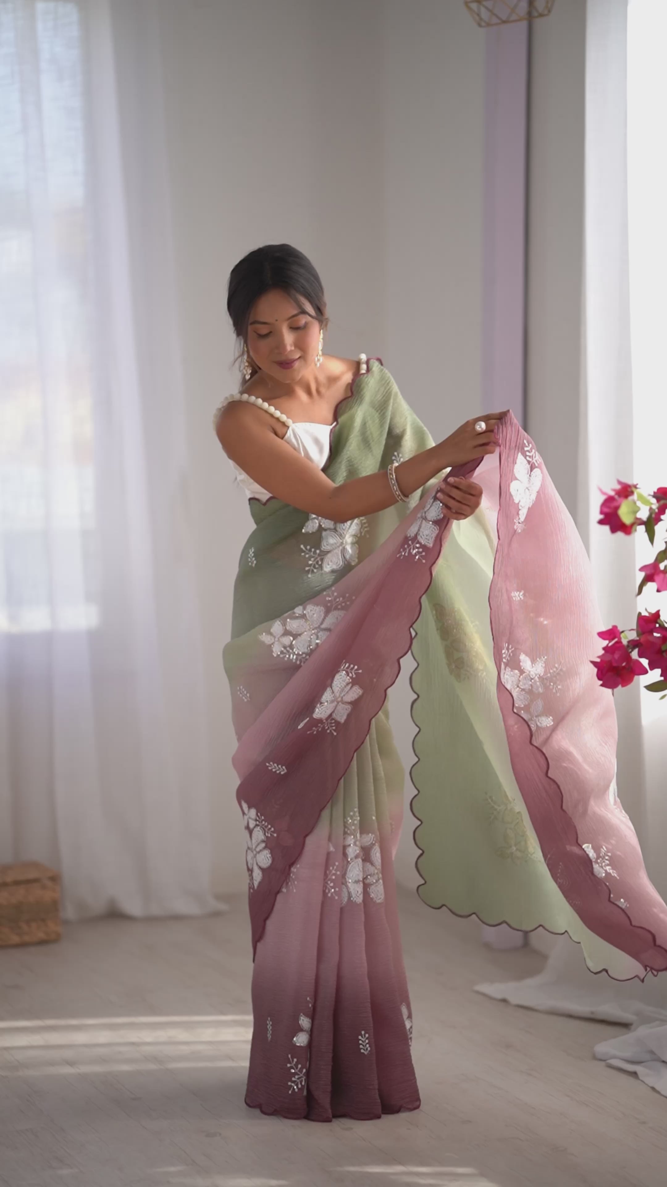 Pista-Wine Dual Tone Party Wear Saree | Crunchy Crush with Satin Silk Blouse & Embroidery Work