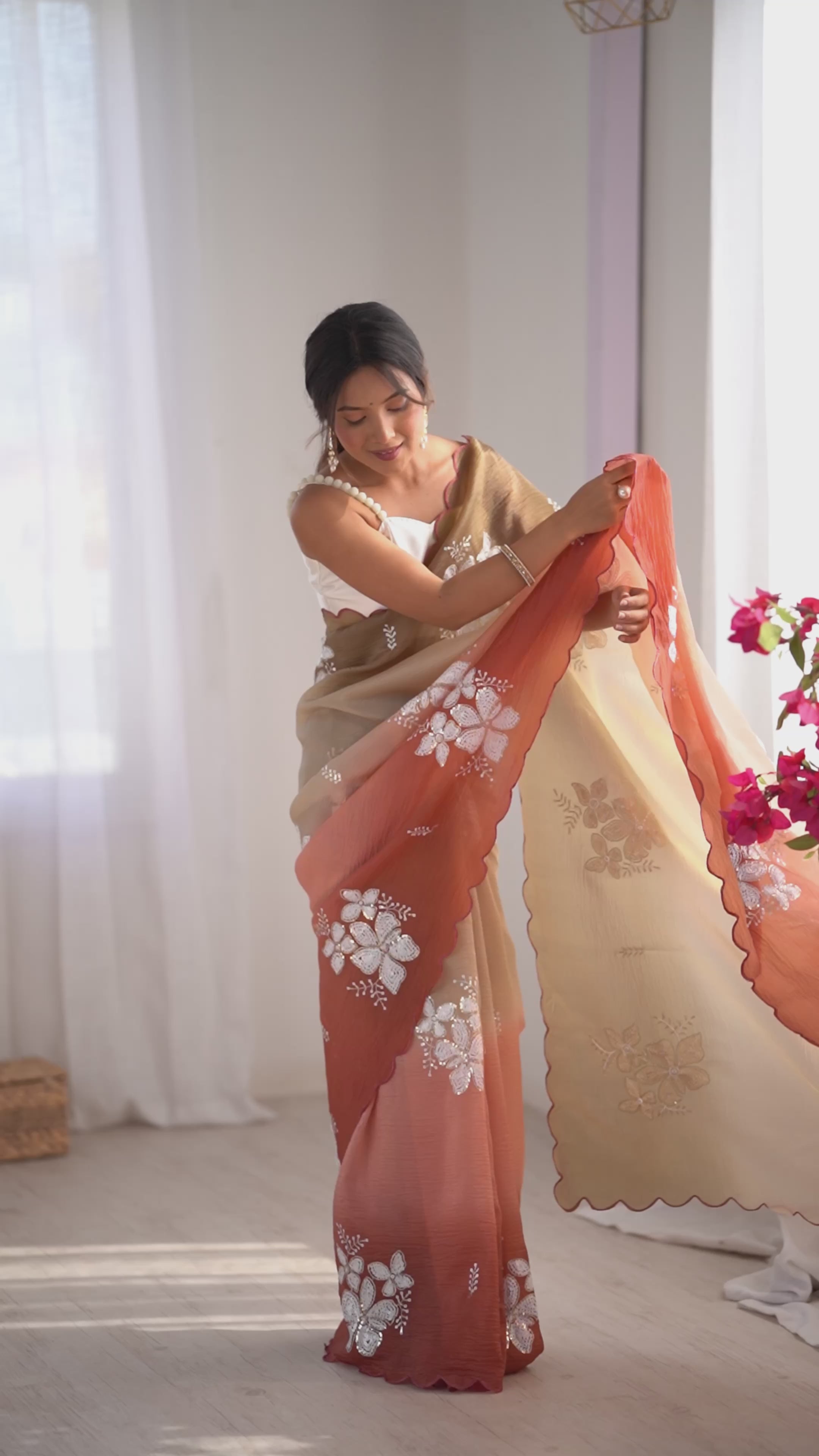 Choco-Orange Dual Tone Party Wear Saree | Crunchy Crush with Satin Silk Blouse & Embroidery Work