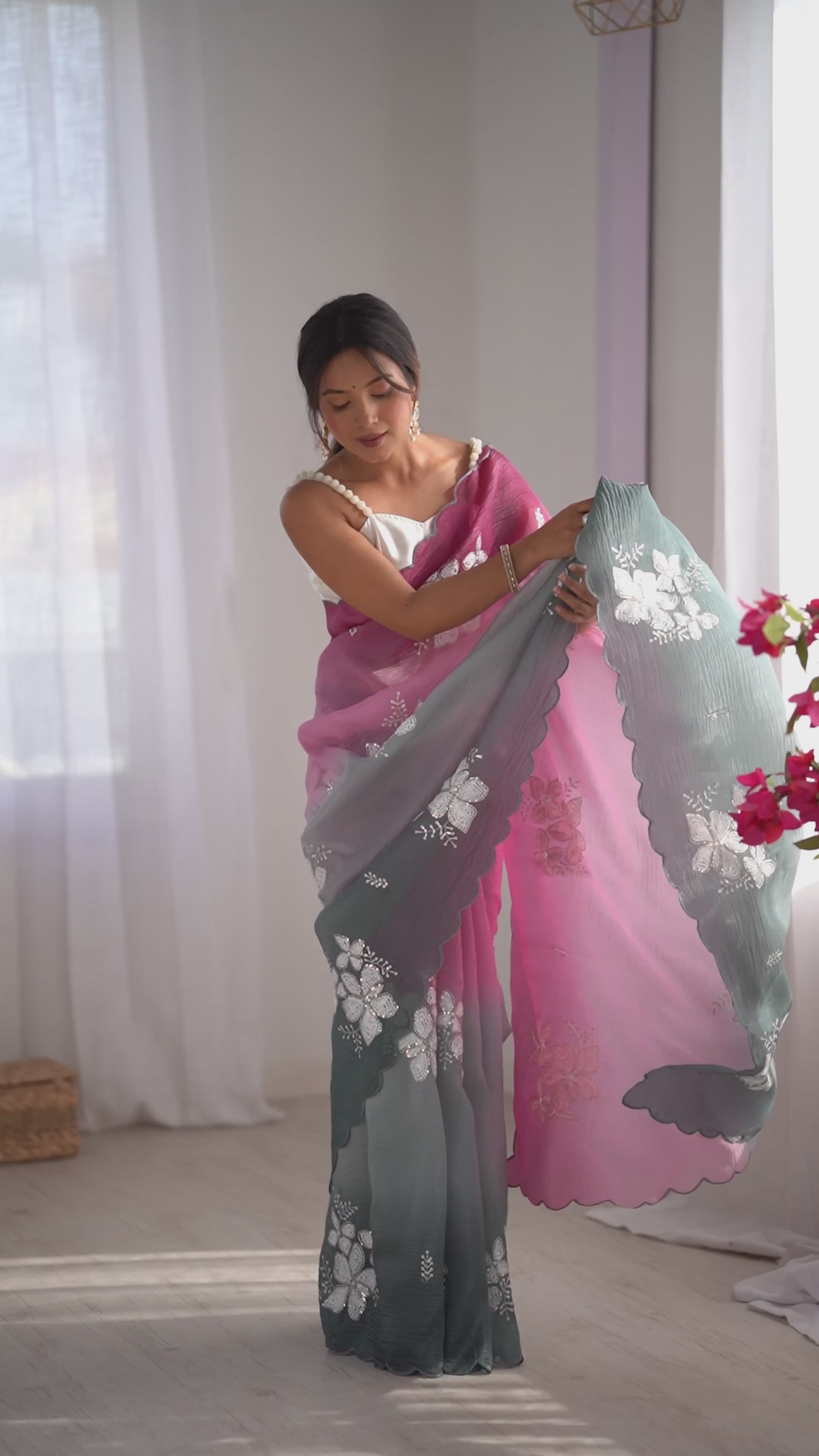 Wine-Green Dual Tone Party Wear Saree | Crunchy Crush with Satin Silk Blouse & Embroidery Work