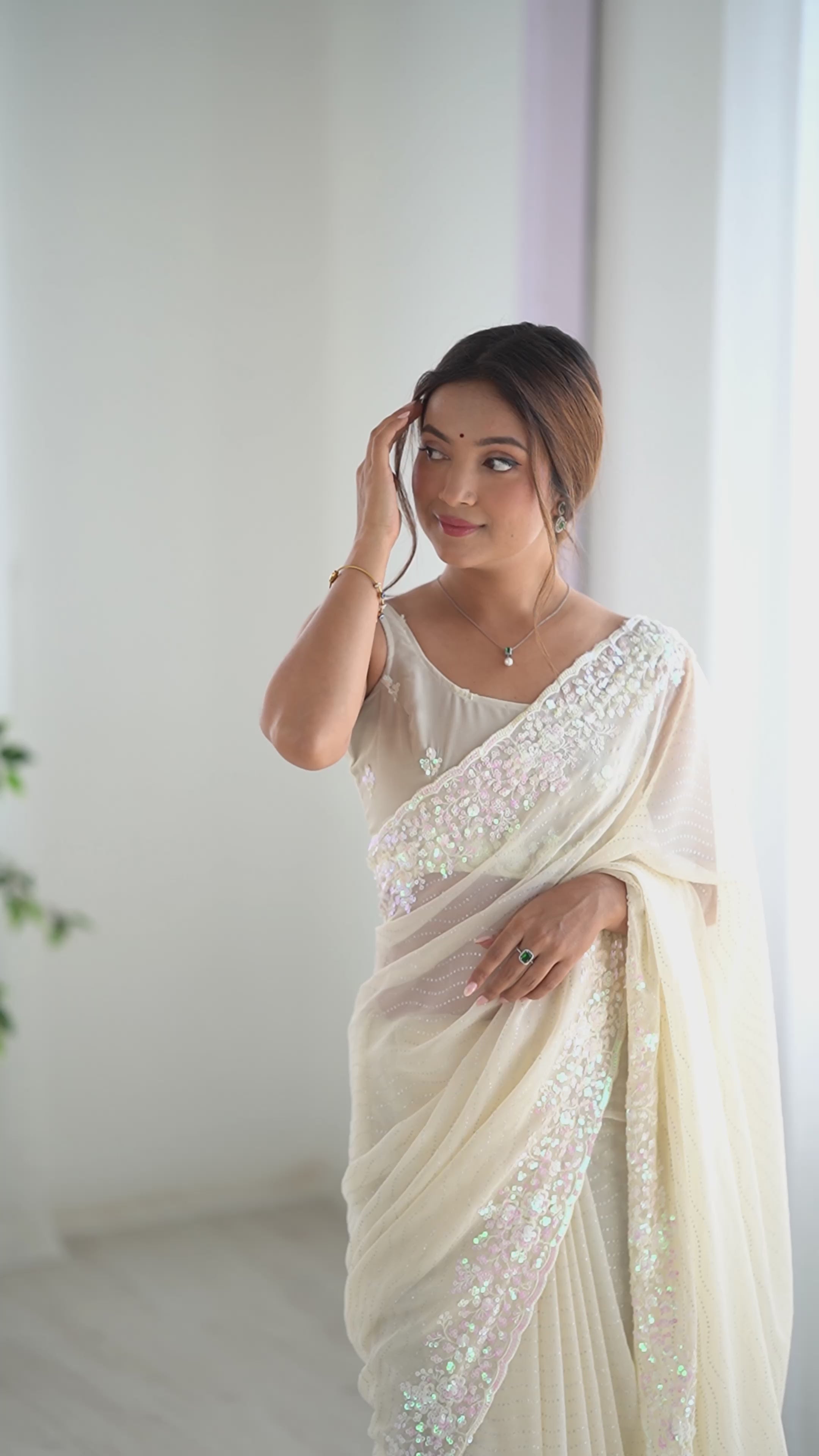 Elegant Cream Georgette Sequance Embroidery Saree | Designer Work Party Wear Couture