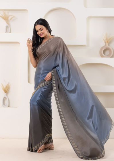 Elegant Grey Satin Ready To Wear Saree | Pedding Designer with Swarovski Border Couture