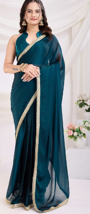 Teal Blue Splendor Rangoli Silk Ready-to-Wear Saree | Art Silk Blouse with Lace Border