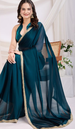 Teal Blue Splendor Rangoli Silk Ready-to-Wear Saree | Art Silk Blouse with Lace Border