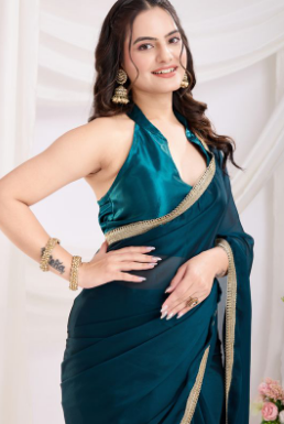 Teal Blue Splendor Rangoli Silk Ready-to-Wear Saree | Art Silk Blouse with Lace Border