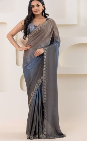 Elegant Grey Satin Ready To Wear Saree | Pedding Designer with Swarovski Border Couture