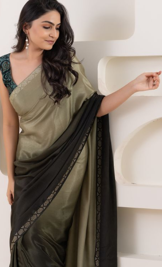 Sophisticated Grey Satin Ready To Wear Saree with Green Blouse | Pedding Designer with Swarovski Border Couture