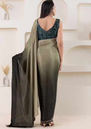Sophisticated Grey Satin Ready To Wear Saree with Green Blouse | Pedding Designer with Swarovski Border Couture