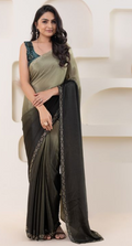 Sophisticated Grey Satin Ready To Wear Saree with Green Blouse | Pedding Designer with Swarovski Border Couture