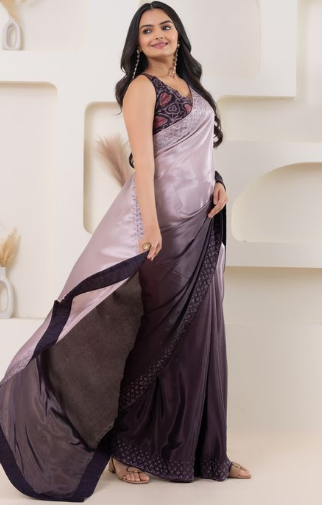 Regal Wine Satin Ready To Wear Saree | Pedding Designer with Swarovski Border Couture