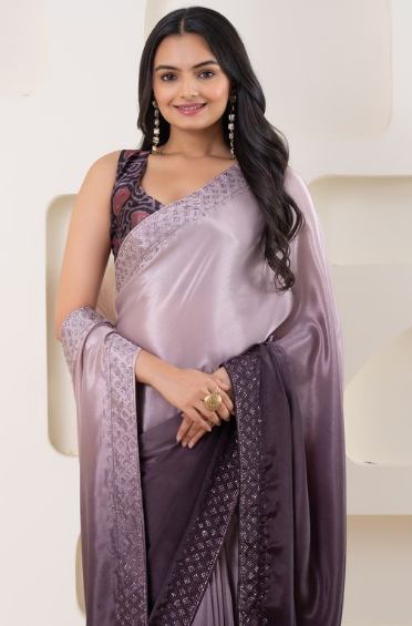 Regal Wine Satin Ready To Wear Saree | Pedding Designer with Swarovski Border Couture