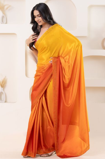 Radiant Yellow Satin Ready To Wear Saree | Pedding Designer with Swarovski Border Couture