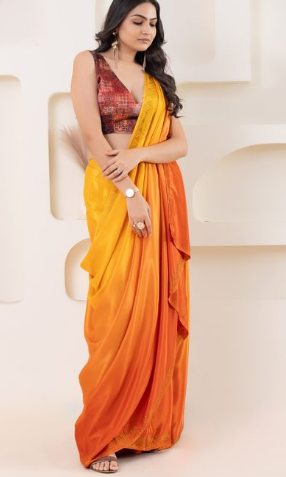 Radiant Yellow Satin Ready To Wear Saree | Pedding Designer with Swarovski Border Couture