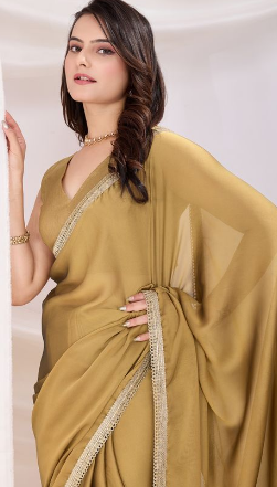 Chiku Charm Rangoli Silk Ready-to-Wear Saree | Art Silk Blouse with Lace Border