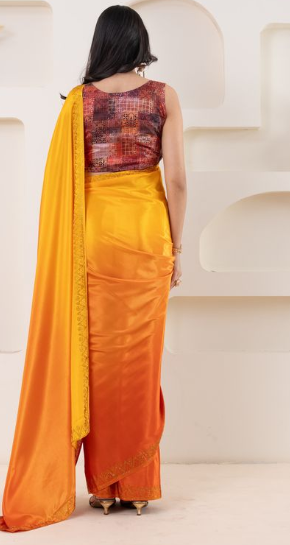 Radiant Yellow Satin Ready To Wear Saree | Pedding Designer with Swarovski Border Couture