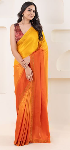 Radiant Yellow Satin Ready To Wear Saree | Pedding Designer with Swarovski Border Couture