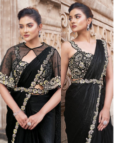 Black Two Tone Satin Silk Saree | Hand-Embroidered Dual Sequin & Pearl Work Couture